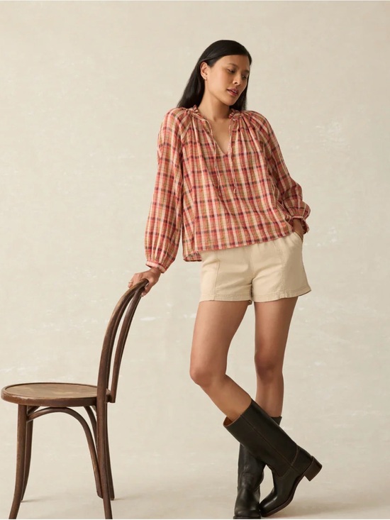 Faherty Tops - Faherty Analiese Top Relaxed Plaid Peasant Top - Rust/Beige XL